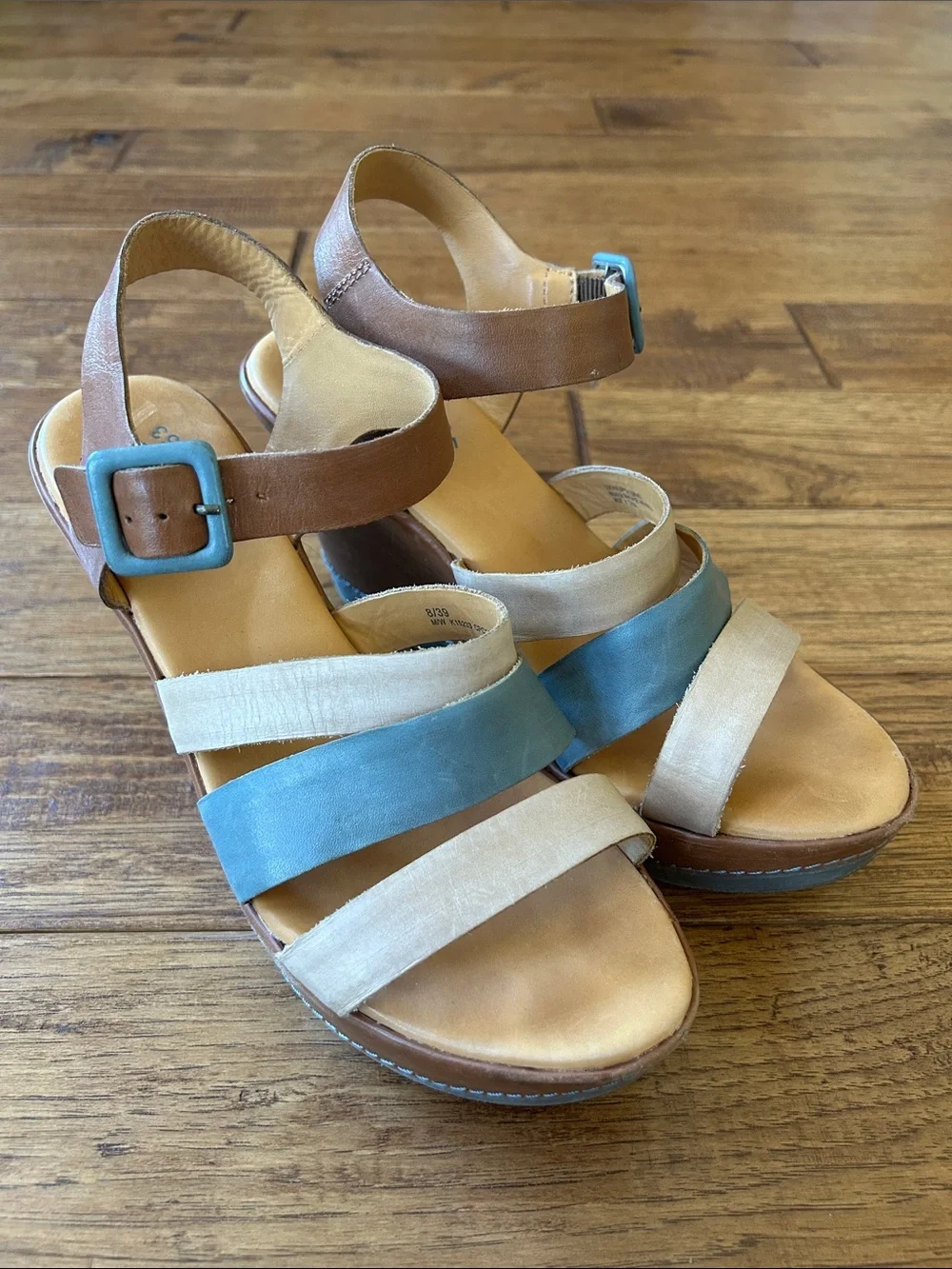 Kork-Ease Emily Strappy Wedge Heel Sandals Brown Blue Ivory Leather Size 8
